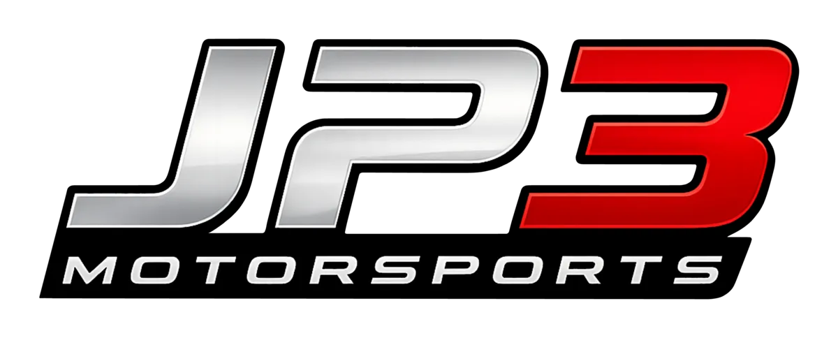 AI-generated JP3 Motorsports logo PNG with chrome and red gradients, before converting to SVG