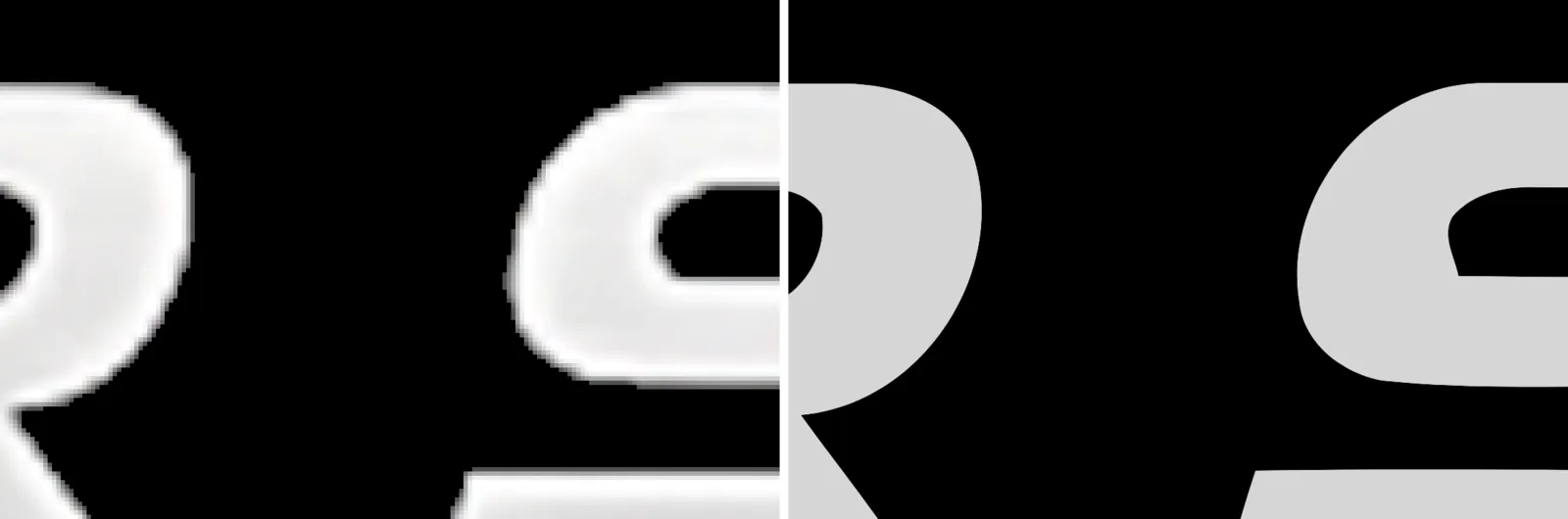 Close-up of the AI logo lettering: blurry PNG pixels on the left, crisp SVG curves on the right