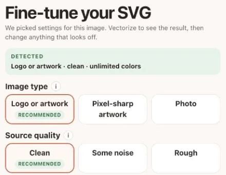 SVG Me detecting an AI-generated logo as clean logo artwork and choosing settings automatically
