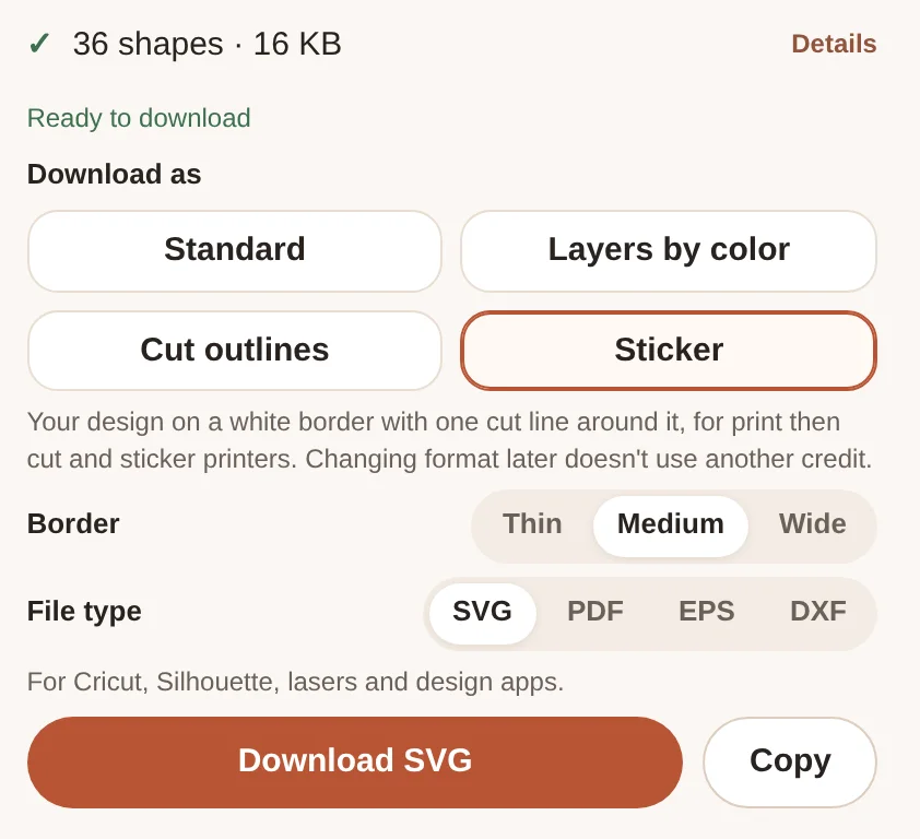 SVG Me download options with the Sticker format, a Medium border and SVG file type selected