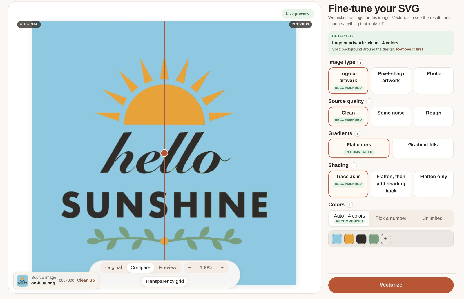 SVG Me detecting a solid blue background behind a hello sunshine design and offering to remove it
