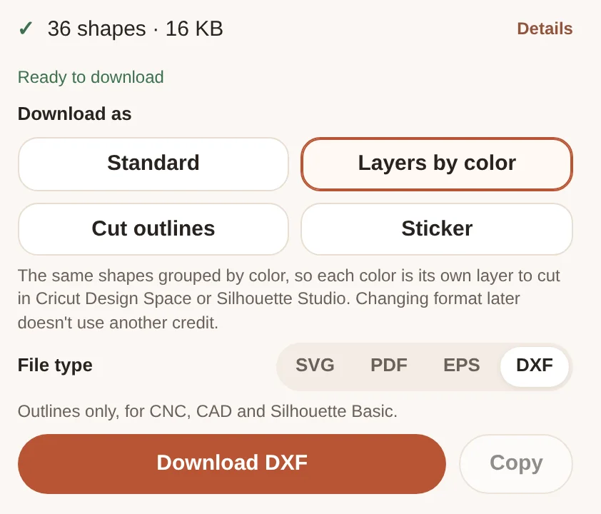 SVG Me download panel with Layers by color and the DXF file type selected